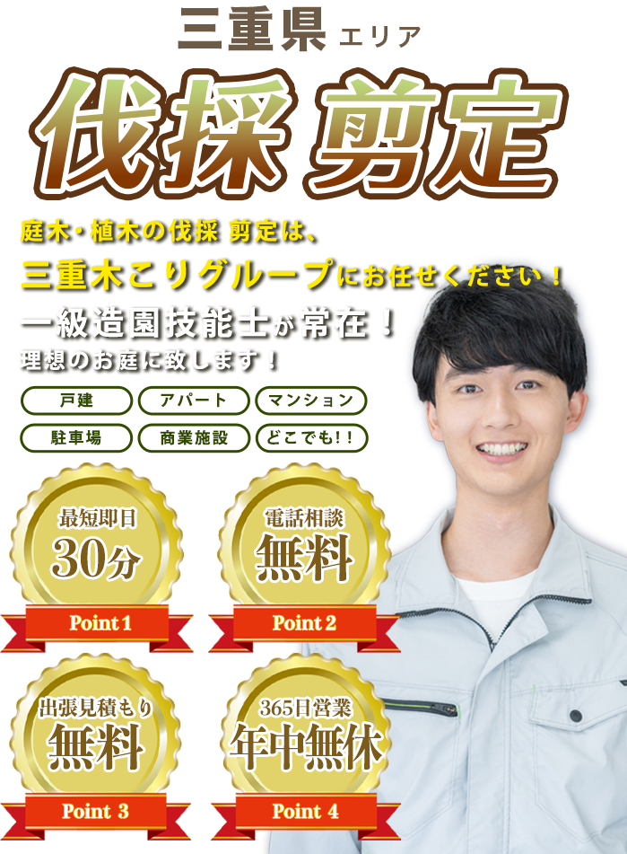 お庭のお手入れ三重木こりグループへまるごとお任せ！低価格で親切丁寧！20年の実績が信頼の証